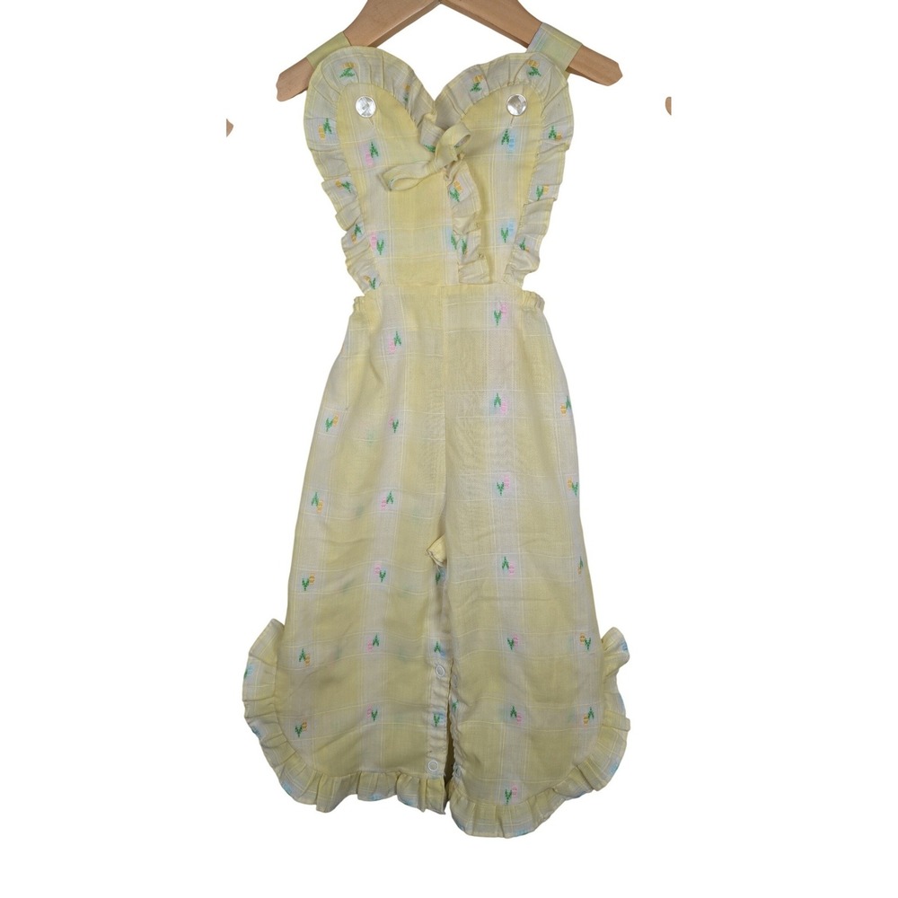 Penneys Toddletime Vtg Romper Jumpsuit‎ 18-24M Yellow Floral Ruffle cottagecore